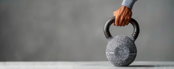 Close-up of a hand gripping a heavy kettlebell, emphasizing strength and fitness during a workout session against a gray background.