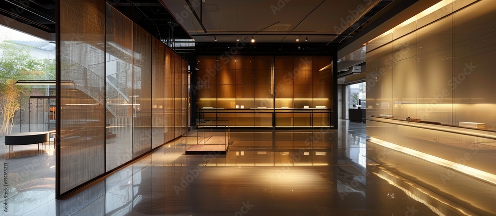Poster impressive showroom with light extending to the wall creating a captivating display with copy space 