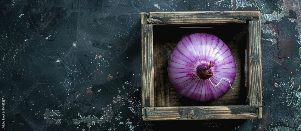 Poster top view of a purple onion in a wooden box on a black background with ample space for additional ima