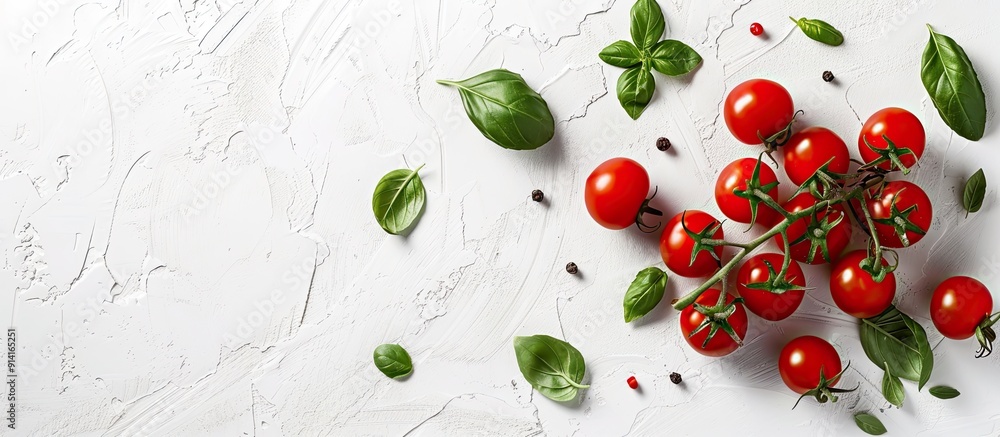 Poster organic red cherry tomatoes and green basil on a white background glossy clean eating veggies with a