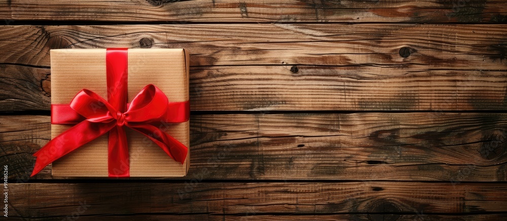Aufkleber wooden background with a red ribbon adorned gift box presenting ample copy space for images