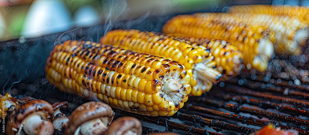 Poster grilled yellow corn with mushrooms in focus on barbecue grid with copy space image
