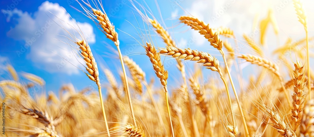 Poster Wheat ears in a golden field with a blue sky backdrop for copy space image