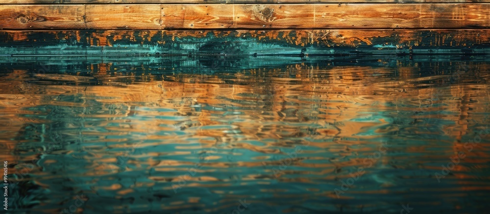 Fototapete a varnished plank provides a crisp reflection on the backdrop image with copy space