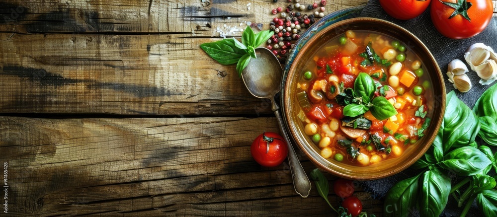 Poster sardinian minestrone soup a nutritious vegetarian dish beautifully presented with fresh ingredients 