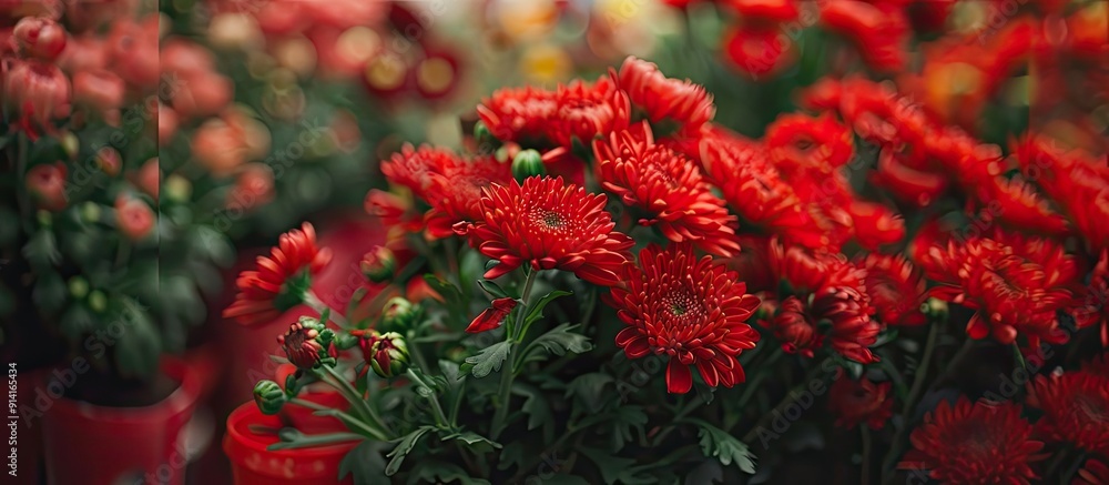 Poster background of a floral shop with a bunch of red chrysanthemums perfect for a copy space image