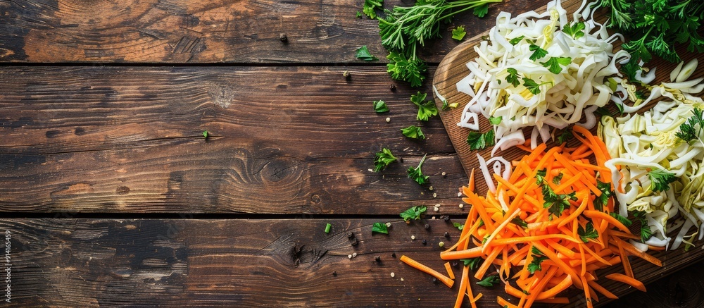 Aufkleber Fresh vegetables like chopped carrot and cabbage are arranged on a wooden cutting board in a rustic style top view ideal for a healthy food concept with copy space image