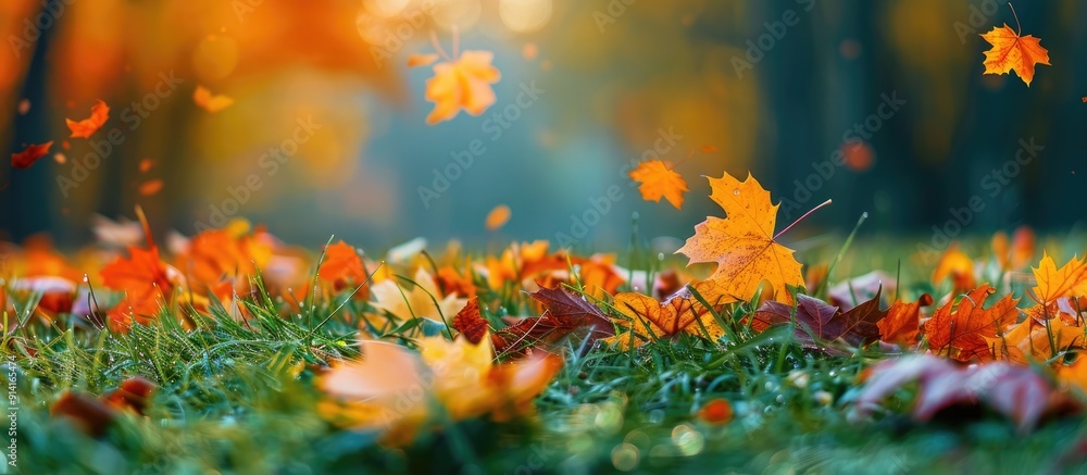 Poster scenic view with lush green grass scattered autumn leaves in the field primarystage picopsu provide 