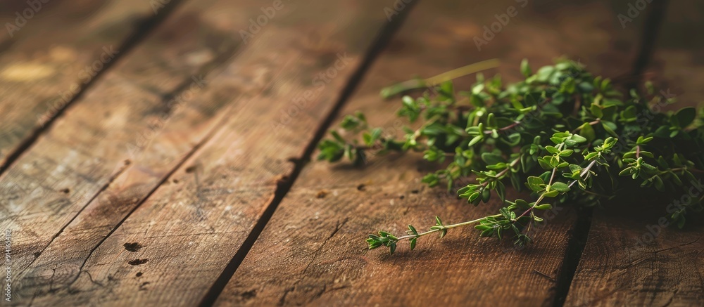 Poster a rustic image with a cluster of fresh thyme on a wooden backdrop reminiscent of a vintage magazine 