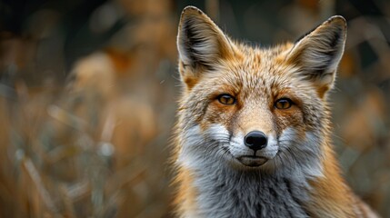 Fototapeta premium A fox stands alert in a field, showcasing its beautiful fur and keen expression against a backdrop of autumn foliage
