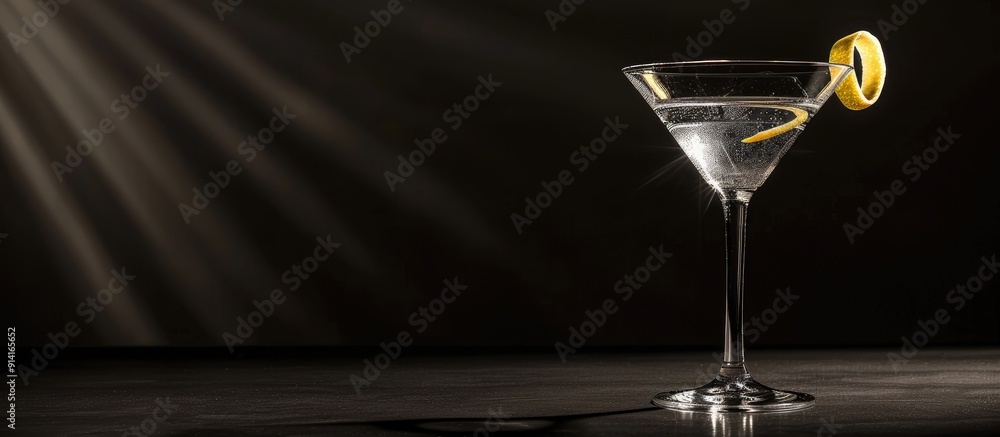 Aufkleber Horizontal format with room for text showcasing a high contrast martini image in a chilled glass with a lemon twist set against a black background with light passing through. Creative banner