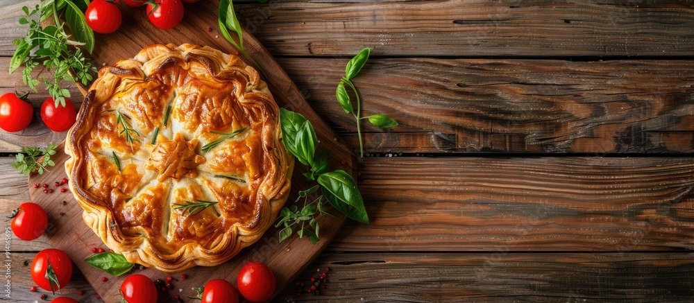 Poster vegetable pie with paprika tomatoes and cheese on a wooden surface with a blank space for an image. 