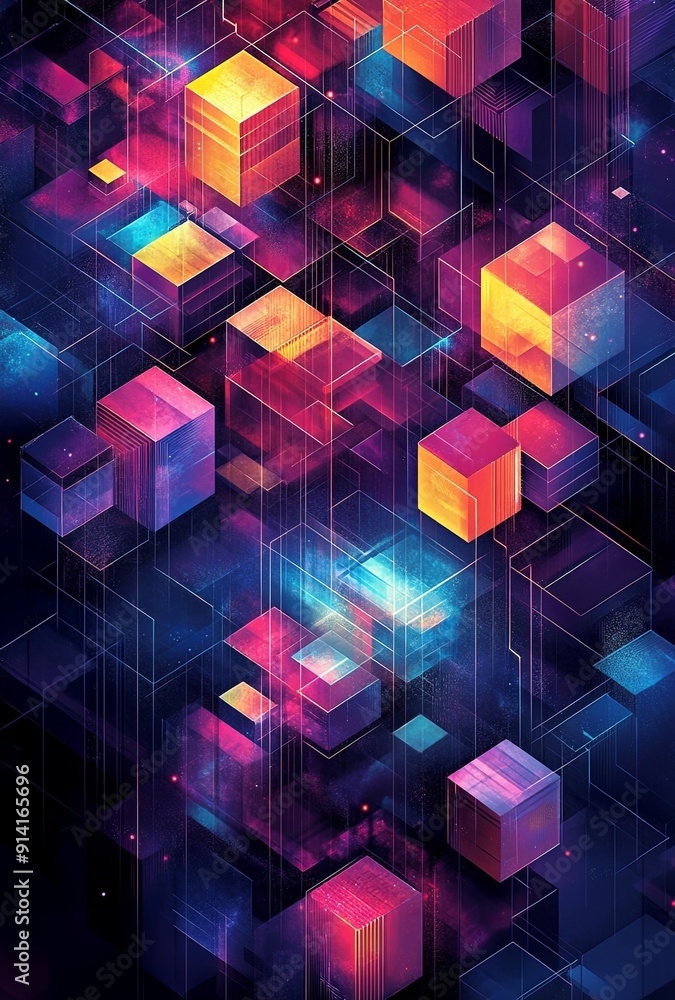 Poster an intricate isometric grid with a mix of cubes and hexagons in different colors, forming a dynamic 
