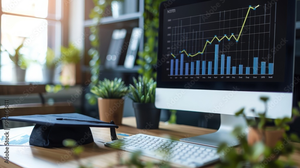 Poster a computer screen displaying a successful career growth chart and graduation cap on a desk