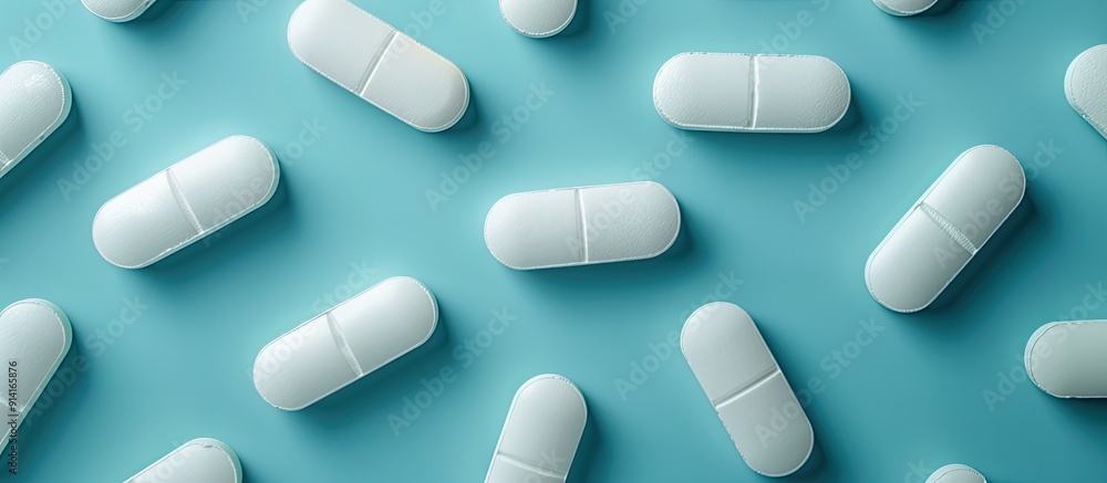 Poster white pills on a soft blue surface with a top down perspective serving as a template for medical and