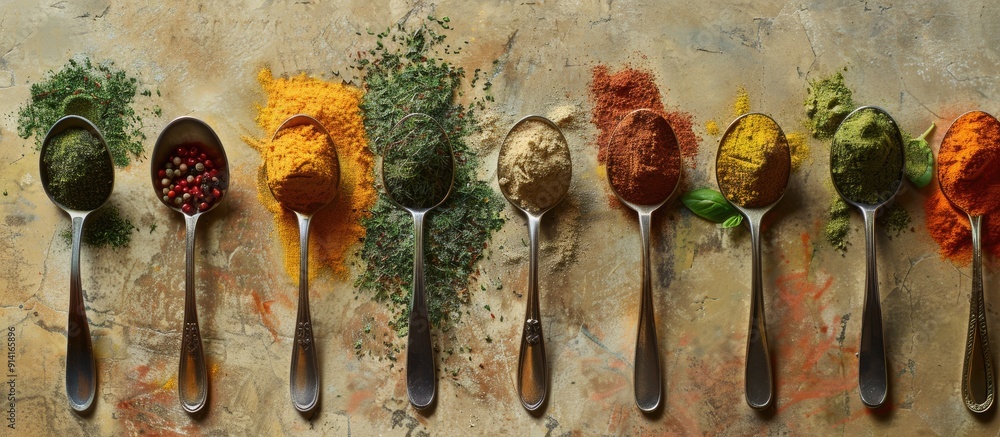 Poster various vibrant herbs and spices like turmeric dill paprika cinnamon saffron basil and rosemary disp