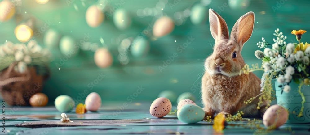 Aufkleber a festive easter themed image with rabbit ornaments eggs and rustic elements on a brown wooden table