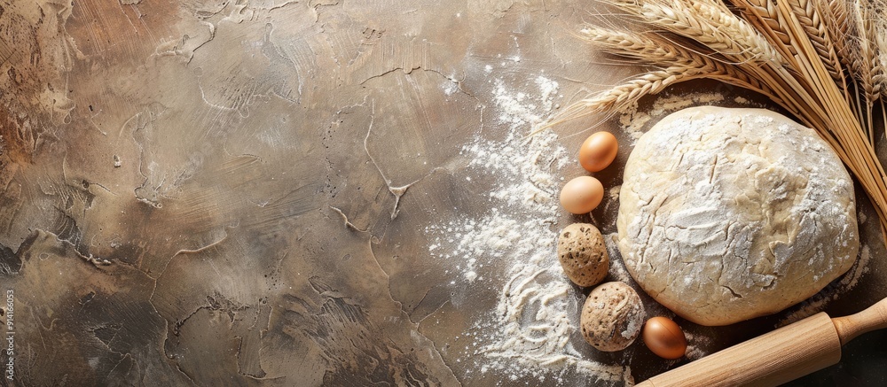 Poster raw dough with flour and rolling pin for a cooking menu concept against a food themed background wit
