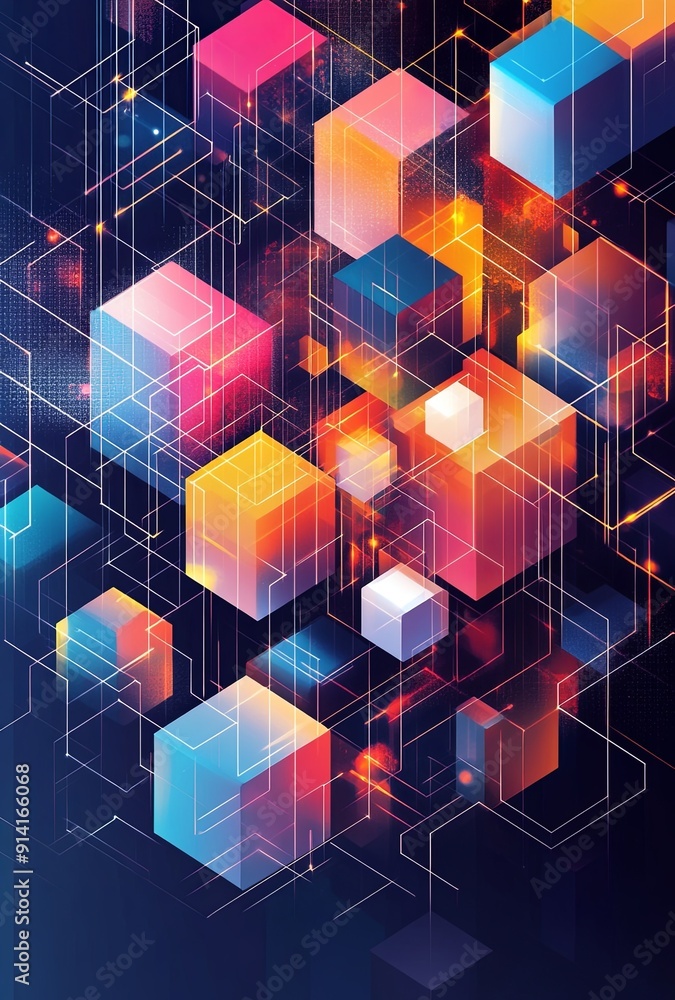 Poster an intricate isometric grid with a mix of cubes and hexagons in different colors, forming a dynamic 
