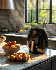 A sleek, modern, appetizing, efficient, healthy air fryer showcased in a high-end kitchen setting. Kitchen Interior Design.