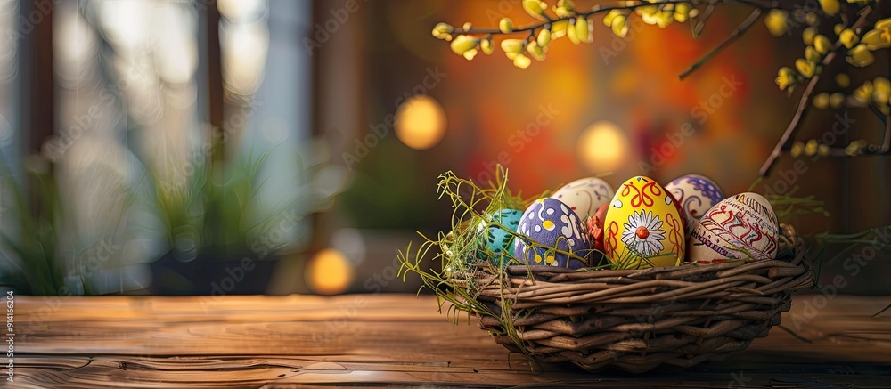 Poster a wicker basket holding decorative wooden easter eggs creating an appealing scene with copy space im