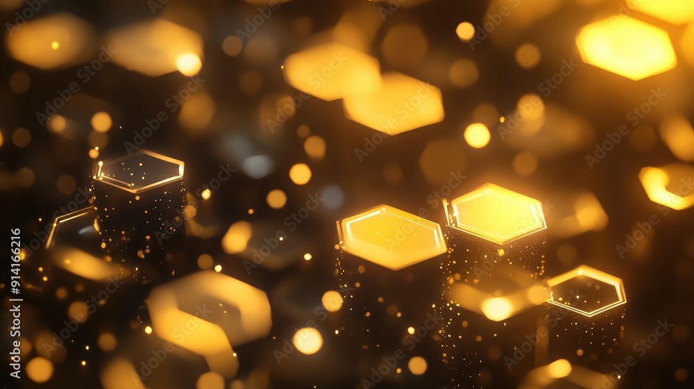 Poster abstract golden hexagons with a soft glow, creating a modern and futuristic look. perfect for tech a