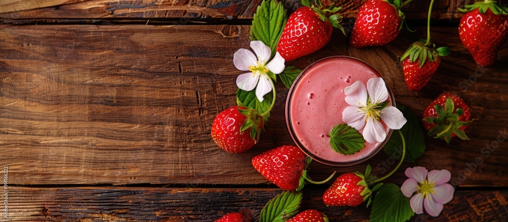Poster strawberry smoothie artwork with a floral design atop strawberry yogurt on a wooden table with copy 