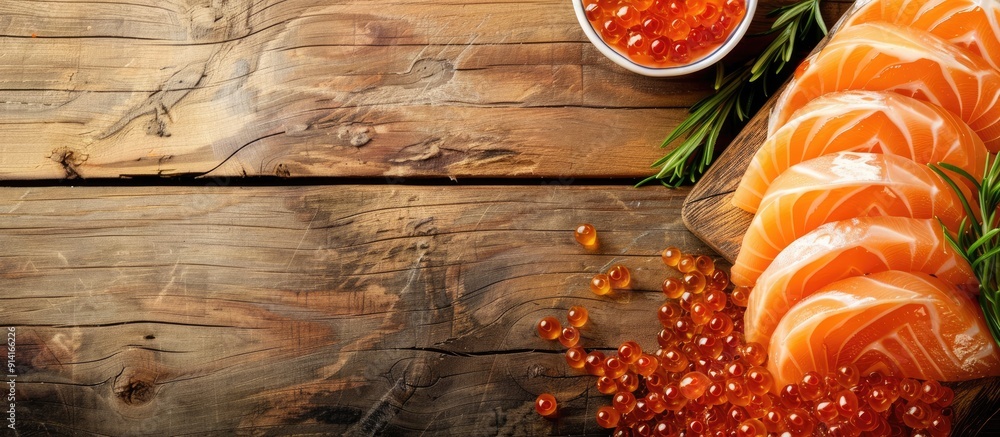 Poster salmon don sashimi raw salmon roe and wasabi arranged on a wooden table with a clear area for text o