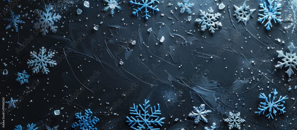Poster unique christmas backdrop featuring blue snowflakes on a dark gray background with space for additio