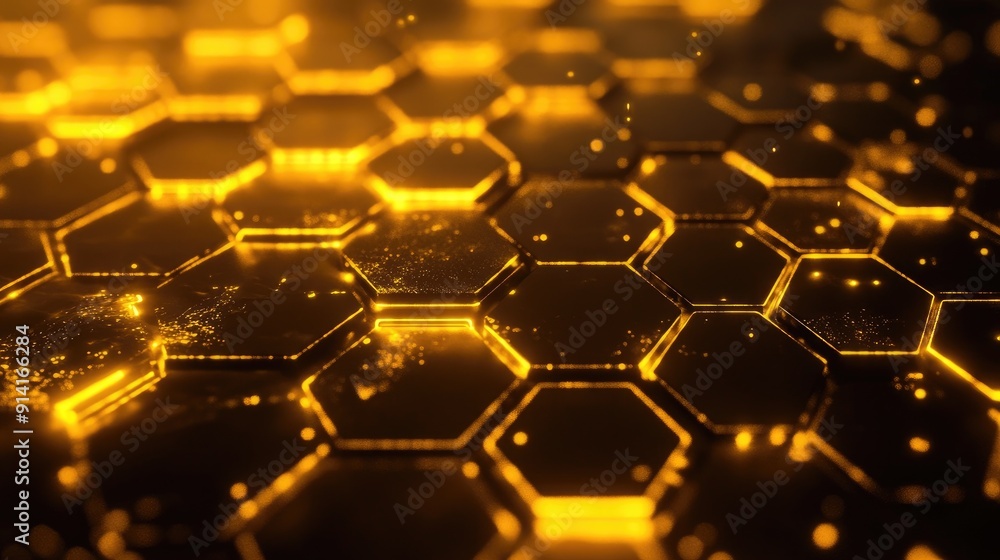 Poster abstract golden hexagons with a soft glow, creating a modern and futuristic look. perfect for tech a
