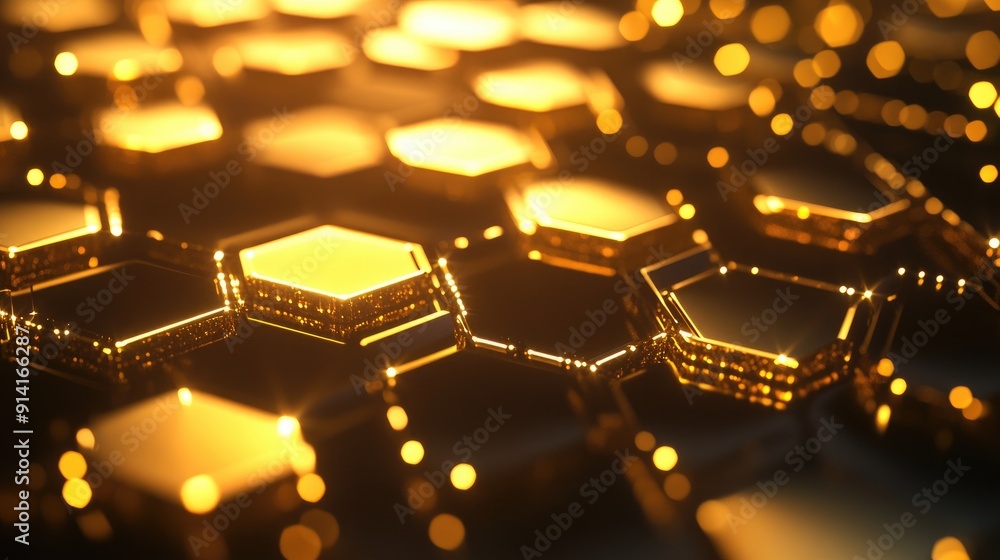Poster abstract golden hexagons with a soft glow, creating a modern and futuristic look. perfect for tech a