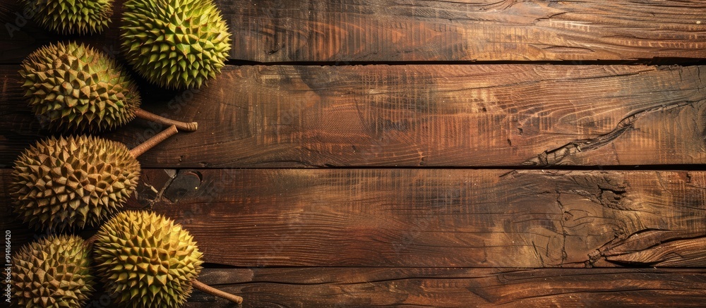 Aufkleber Wooden background with ripe durians ideal for a banner design with copy space image