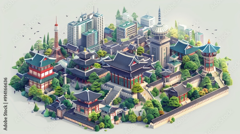 Poster computer generated image of a landmarks with lots of buildings