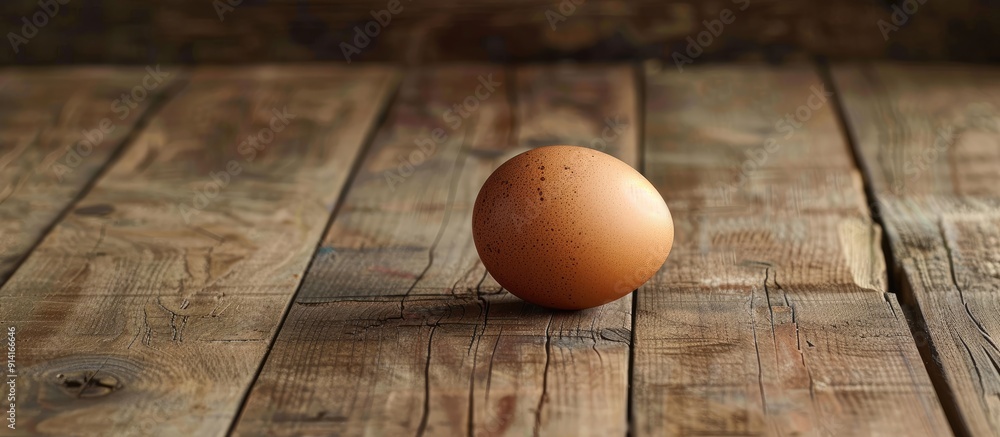 Poster Selective focus on a wooden table with an isolated egg in close up creating a visually appealing copy space image