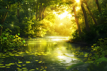 Obraz premium Serene Forest River: Sunlit Tranquility in Lush Greenery