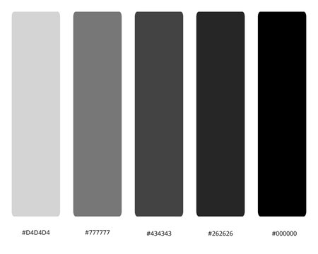 A set of gray - black color palette of five colors with a code. A collection of vector color palettes with RGB codes, images for creating offspring, photoshop, illustrator, canvas, goodnotes.