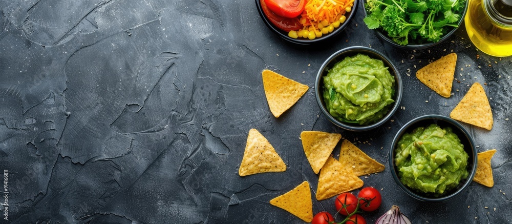 Poster top view copy space image of guacamole corn chips nachos sauce and fresh veggies on a gray backgroun