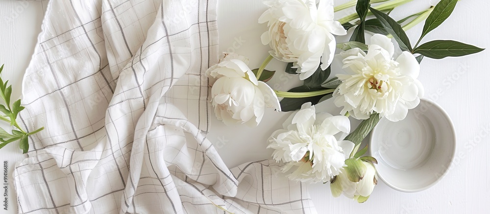Leinwandbilder a summer themed flat lay with white peonies and a checkered linen plaid set on a white background fe