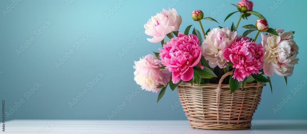 Poster peonies arranged in a wicker basket on a white table with available copy space image