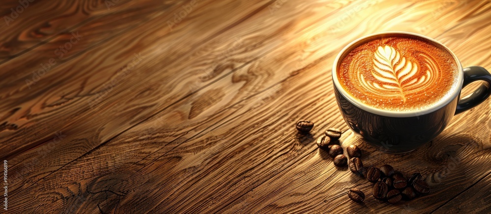 Poster Hot coffee with latte art and a coffee bean on a wooden table creating a visually appealing copy space image