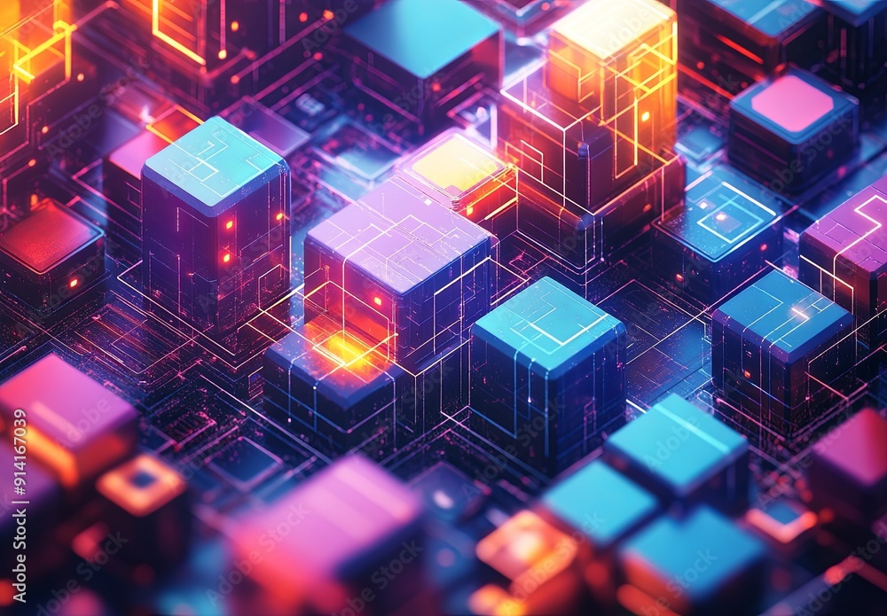 Poster an intricate isometric grid with a mix of cubes and hexagons in different colors, forming a dynamic 