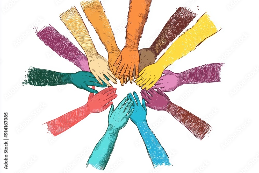 Aufkleber diverse hands coming together in unity during a collaborative workshop in community center