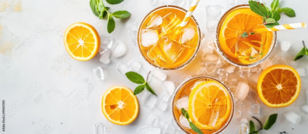 Poster overhead view of a summer cocktail with a kraft paper straw on a light background perfect for adding