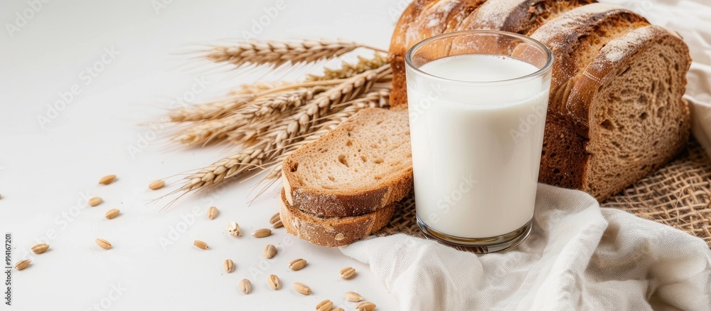 Poster healthy food concept with a glass of milk and whole wheat bread on white background for text placeme