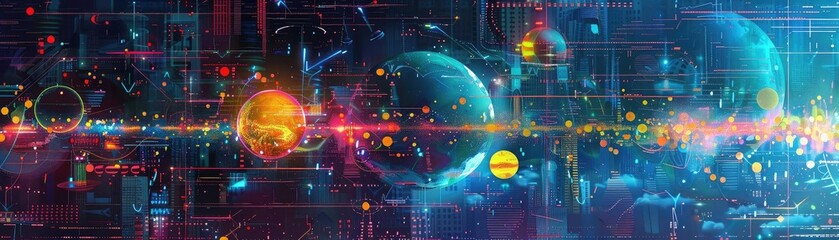 Fototapeta premium Vibrant digital artwork featuring colorful planets and cosmic elements with a futuristic backdrop, ideal for science fiction themes.
