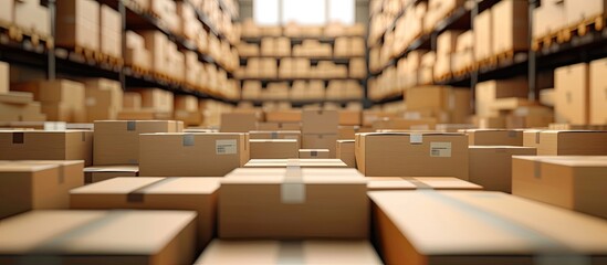 Warehouse storage facility with brown cardboard boxes for retail and wholesale featuring copy space image
