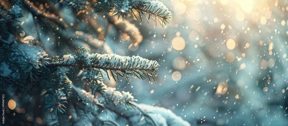 Poster winter forest with snow falling showcasing spruce branches ideal scene for christmas with a spacious
