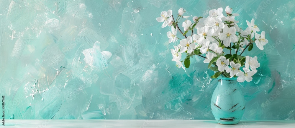 Fototapete background of turquoise paper with a vase holding a bouquet of white apple blossoms creating an abst