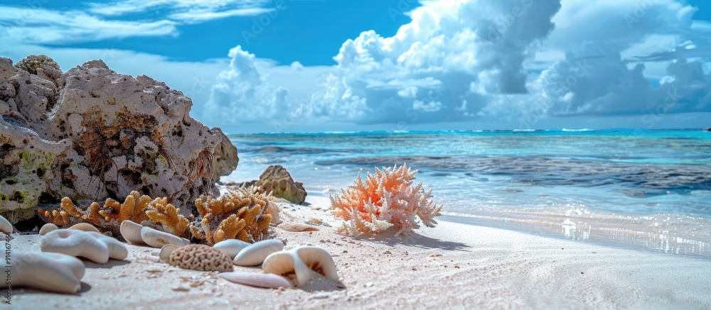 Poster seaside scene featuring coral rocks and sand on the beach against a copy space image