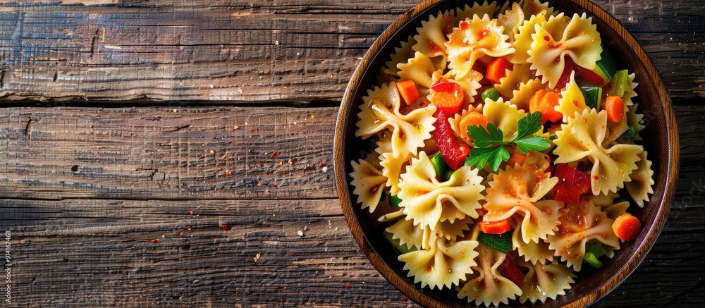 Poster farfalle pasta with veggies on wooden surface viewed from above with room for text or image. creativ